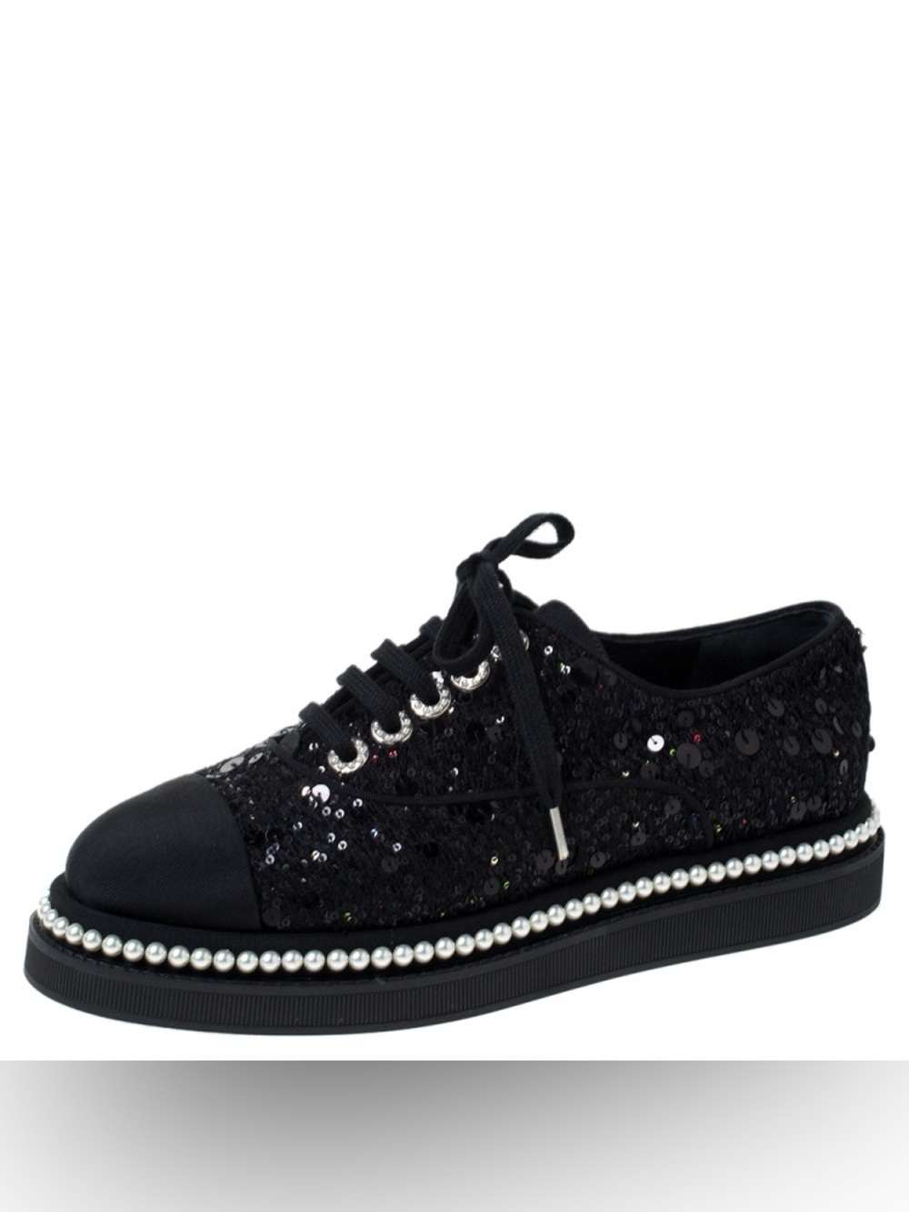 Chanel Black Tweed Sequins Lace Up Pearl Sneaker Shoes Size 37 /US 7 Auth. - Picture 2 of 10